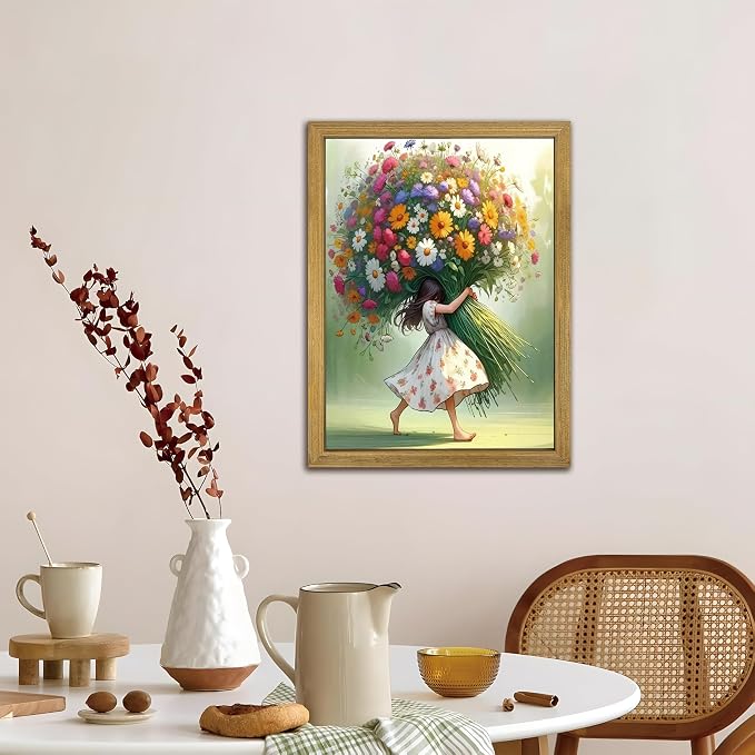 Wood Framed Pink Wildflower Canvas Wall Art, Girl Hugging Flowers Poster Prints - Image 9
