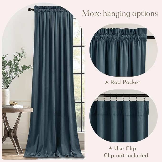 NICETOWN Slate Blue Blackout 90 inch Velvet Curtains - Image 5