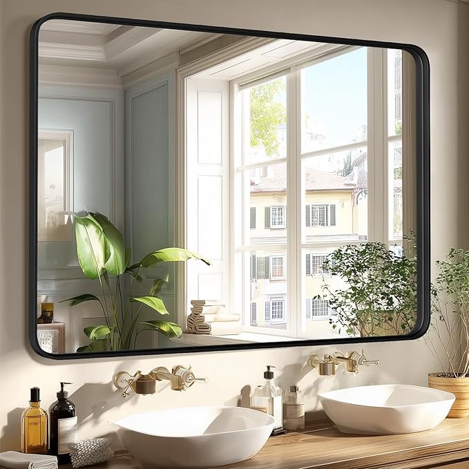 Bathroom Mirror for Wall, 40x30 Inch Rectangle Mirror, Matte Black Metal Framed - Image 7