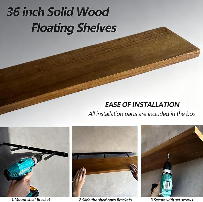 ROGMARS 36 Inches Long Walnut Floating Shelves, Rustic Solid Wood Farmhouse - Image 2