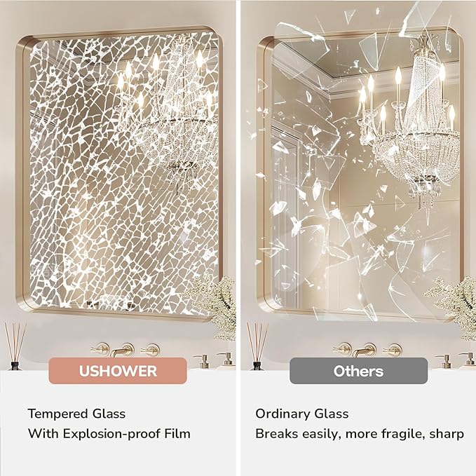 USHOWER Gold Bathroom Mirror 24"x36", Brushed Gold Rounded Rectangle Mirror - Image 5