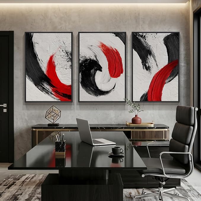 Large Framed Red Black White Abstract Wall Art - Image 6
