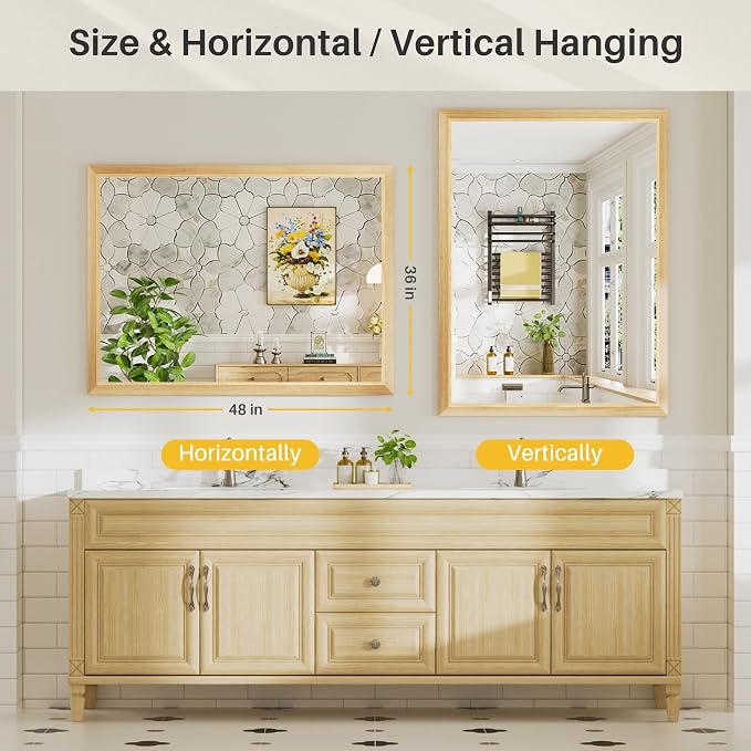 48x36 Inch Bathroom Mirror for Wall, Anti-Rust Oak Wood Grain Metal Framed - Image 7