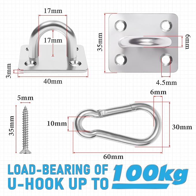 PAMAZY 4 PCS M6 Premium Heavy Duty Square Stainless Steel Pad Eye Hooks + 4PCS - Image 3