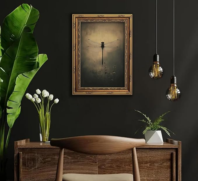 Vintage Gold Framed Wall Art Retro Dark Dragonfly Painting Canvas Prints Gothic - Image 7