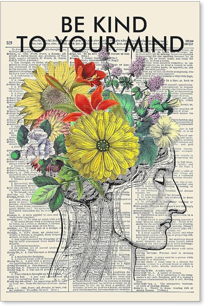 Be Kind To Your Mind Quote Poster Prints Mental Health Canvas Wall Art Vintage by Medpol