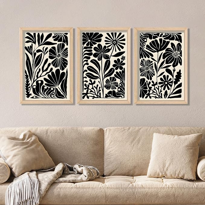 YWJKWLGS Abstract Floral Wall Art Set of 3, 16x24 Inch Black Boho Flower Prints - Image 3