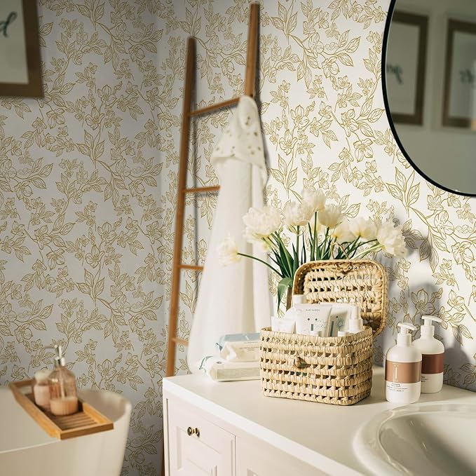 Ismoon Floral Wallpaper Peel and Stick Vintage Flower Beige and Gold Contact - Image 7