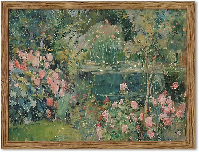 Framed Vintage Floral Landscape Canvas Wall Art, Rose Garden Pond Wall Decor by Unknown