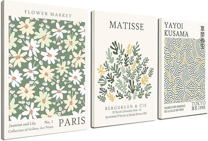 Induslyfe Framed Green Wall Art Canvas Decor Set of 3, Matisse Wall Art Framed by Induslyfe