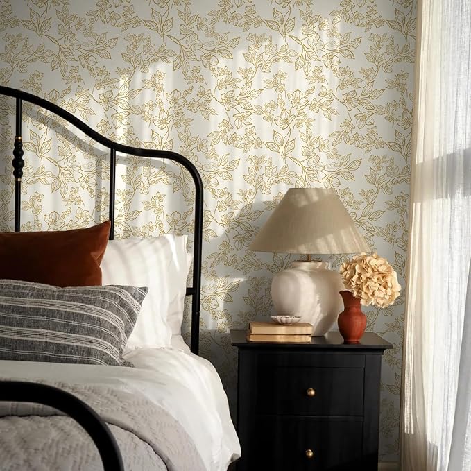 Ismoon Floral Wallpaper Peel and Stick Vintage Flower Beige and Gold Contact - Image 4