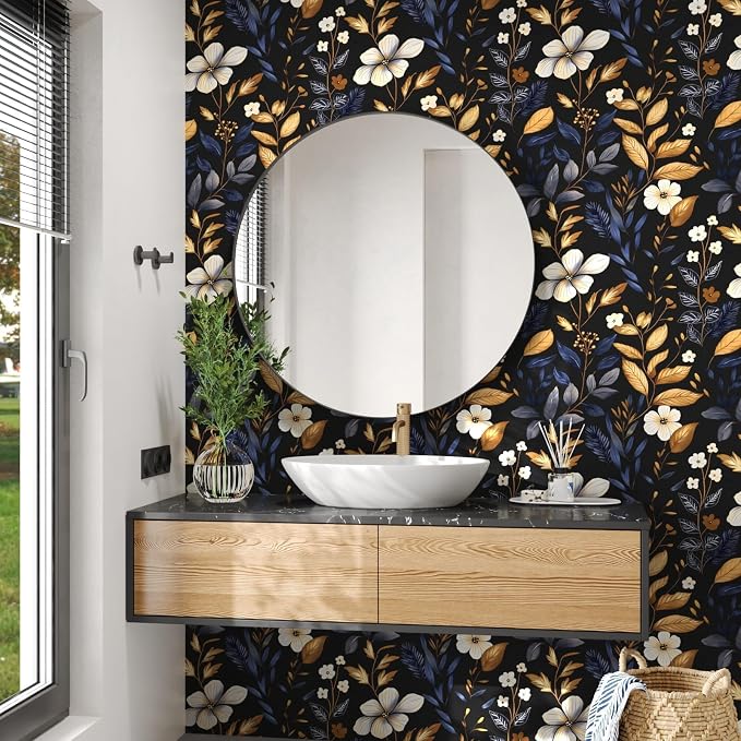 Laatse Blue/Gold Leaf Wallpaper Peel and Stick Vintage Dark Floral Wallpaper - Image 6