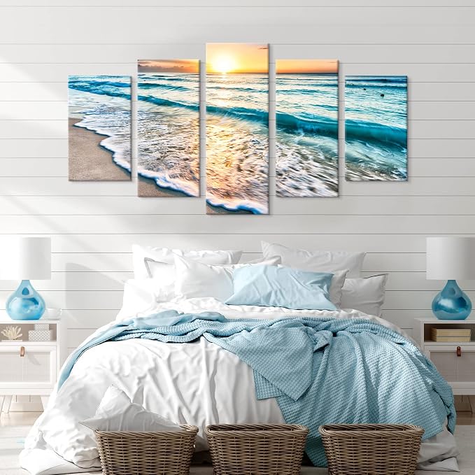 Goldfoilart 5 Pieces Beach Coastal Wall Art Sea Sunset Seascape Pictures Ocean - Image 2