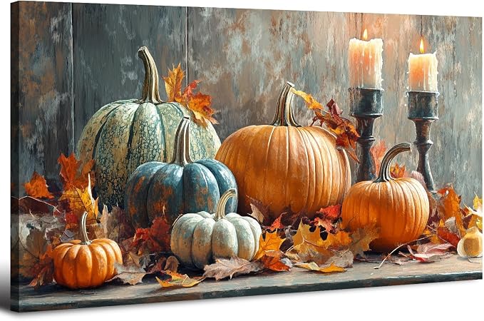 Farmhouse Kitchen Decor Pumpkin Wall Decor Maple Leaves Painting White Orange by HOME
