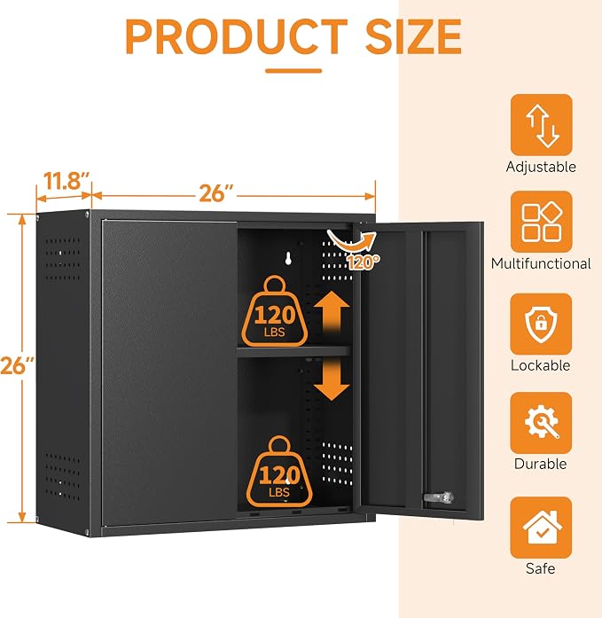 Metal Garage Wall Cabinet with 2 Doors and 1 Adjustable Shelf, Lockable - Image 2