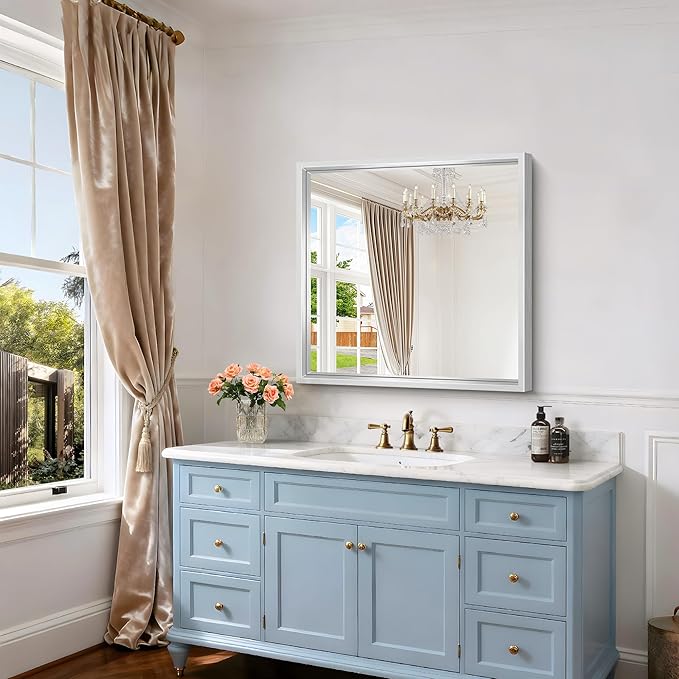 30 x 30 Silver Bathroom Mirror, Brushed Silver Square Mirror - Image 4