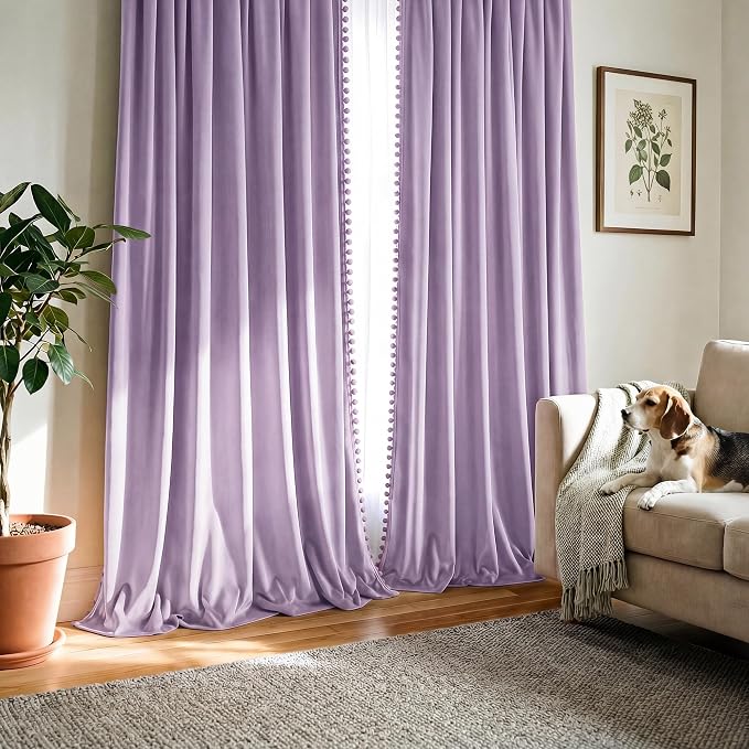 NICETOWN Lilac Purple Pom Pom Velvet Curtains 84 Inch Length - Image 7