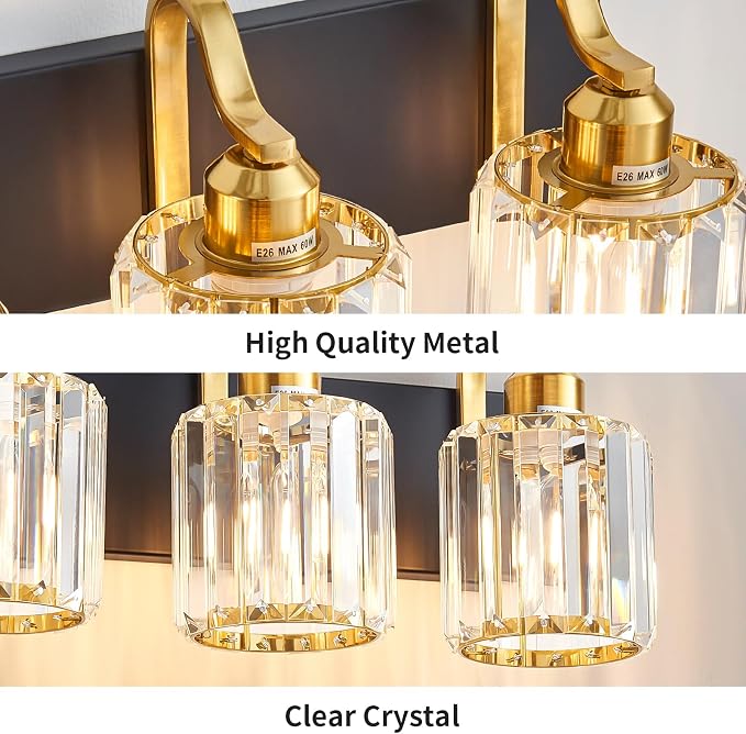 4 Light Crystal Vanity Lights for Bathroom, Modern Matte Black and Gold Wall - Image 3
