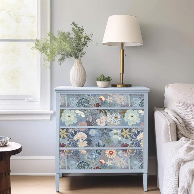Ismoon Floral Peel and Stick Wallpaper Vintage Blue Contact Paper Jellyfish - Image 2