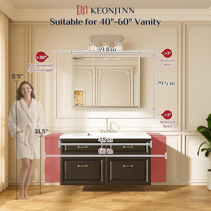 Keonjinn 40" x 30" Brushed Nickel Bathroom Vanity Mirror, Beveled Tempered Glass - Image 2
