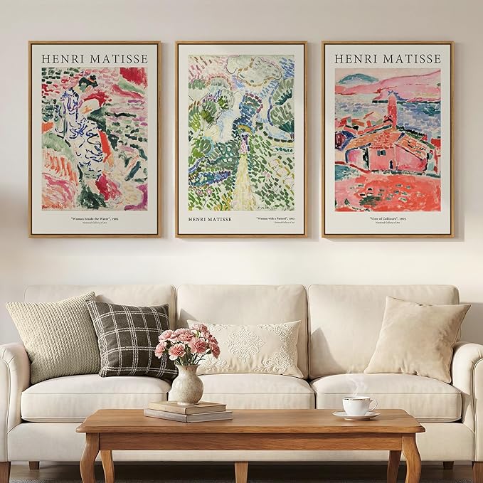 Framed Abstract Matisse Wall Art Set of 3, Vintage Colorful Landscape Canvas by Cuspin