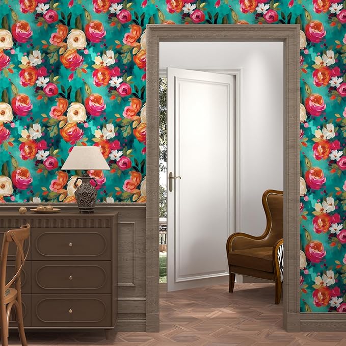 BOKEBEVE Bright Floral Wall Paper Watercolor Peel and Stick Wallpaper Oil - Image 4