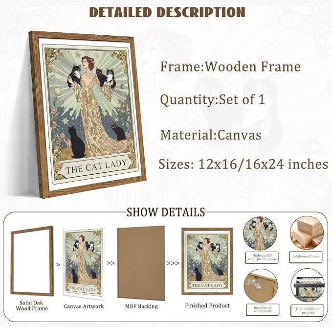 Framed Black Cat Wall Art, Vintage The Cat Lady Tarot Canvas Wall Decor - Image 3