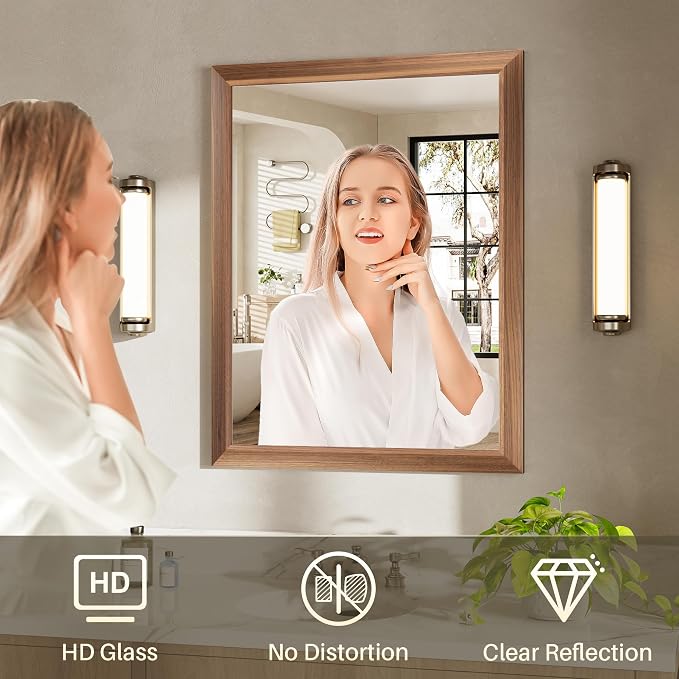 36x32 Inch Bathroom Mirror for Wall, Anti-Rust Walnut Wood Grain Metal Framed - Image 6