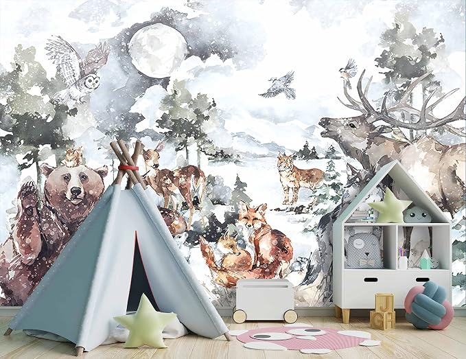 Boys or Girls Cartoon Watercolor Animals wallpeper Nursery Kids Bedroom wall - Image 3