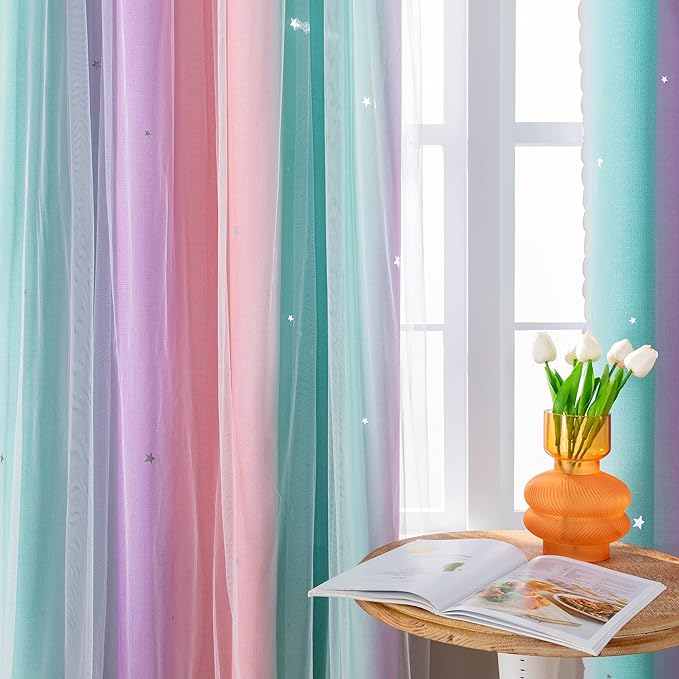 XiDi Curtains for Bedroom Decor, Rainbow Pink Purple Green 62/96/1 - Image 3