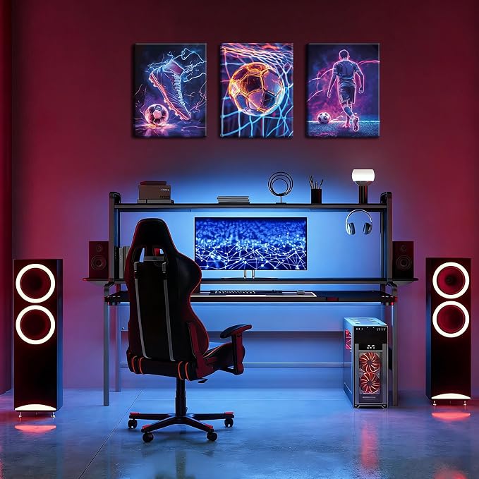 Cool Soccer Gaming Wall Art Set of 3, Neon Video Gamer Canvas Pictures - Image 7