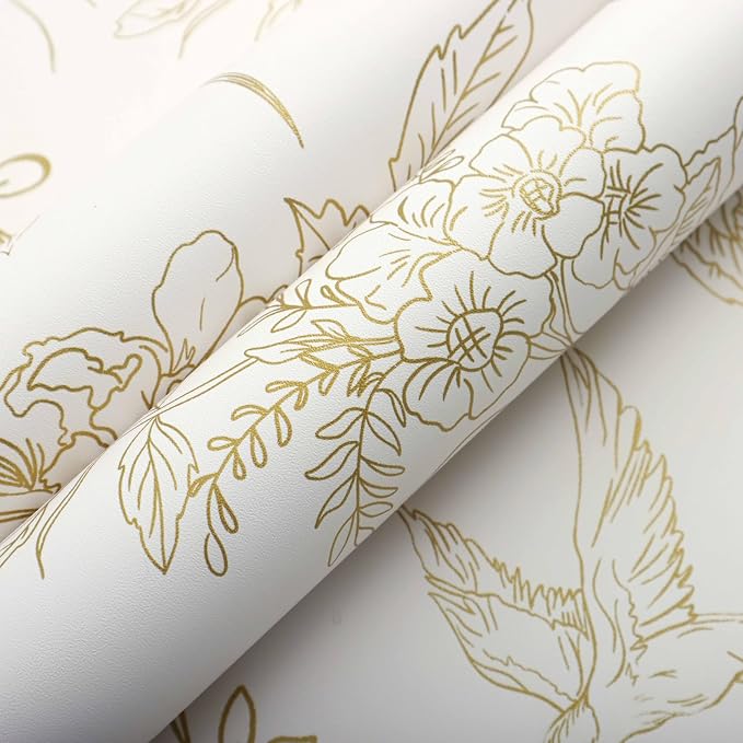 Froluya Cream White and Gold Floral Wallpaper Peel and Stick Wallpaper - Image 5