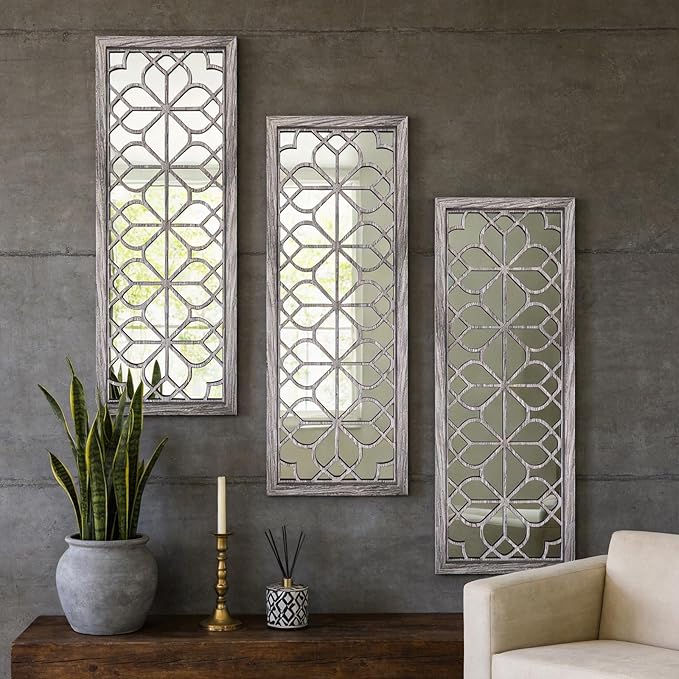 Set of 2 16x41.5 Inch Large Carved Floral Wood Frame Wall Mirrors, Shatterproof - Image 3