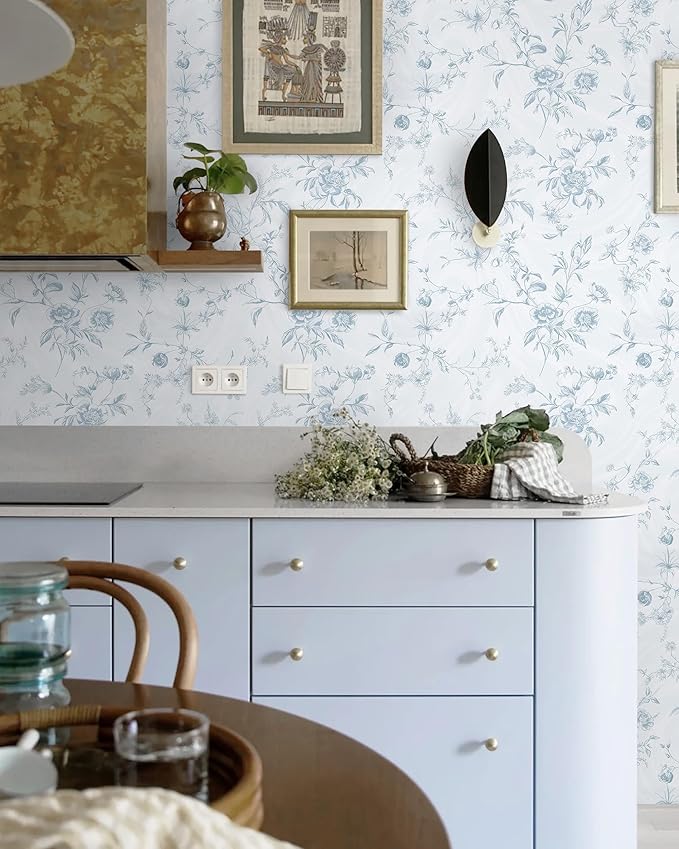 Ismoon Blue Wallpaper Peel and Stick Floral Vintage Stick on Wall Paper French - Image 2
