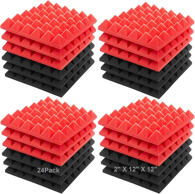 JBER Acoustic Sound Foam Panels, 24 Pack 2" X 12" X 12" Red and Black by JBER