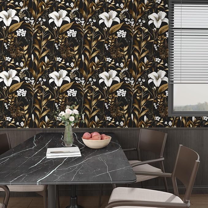 Laatse Black White Floral Wallpaper Peel and Stick, Dark Gold Vintage Contact - Image 7