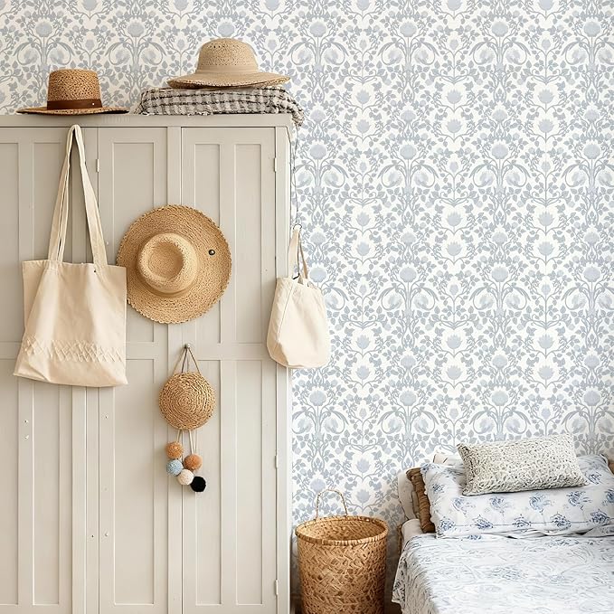 YXTII 17.3"×78.7" Blue Floral Peel and Stick Wallpaper, Damask Vintage Wallpaper - Image 3