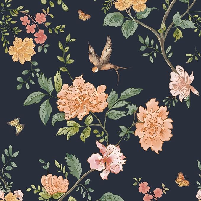 Froluya Dark Blue Floral Peel and Stick Wallpaper Vintage Floral Contact Paper by Froluya