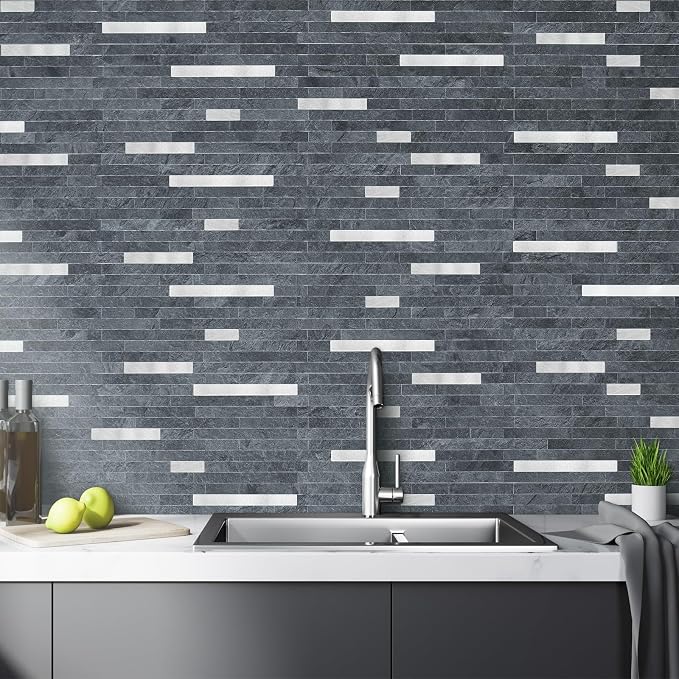 AULIGET 2 Sheets Black Slate Peel and Stick Backsplash, PVC Mixed Metal Silver - Image 4