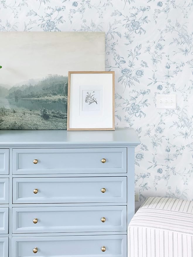 Ismoon Blue Wallpaper Peel and Stick Floral Vintage Stick on Wall Paper French - Image 3