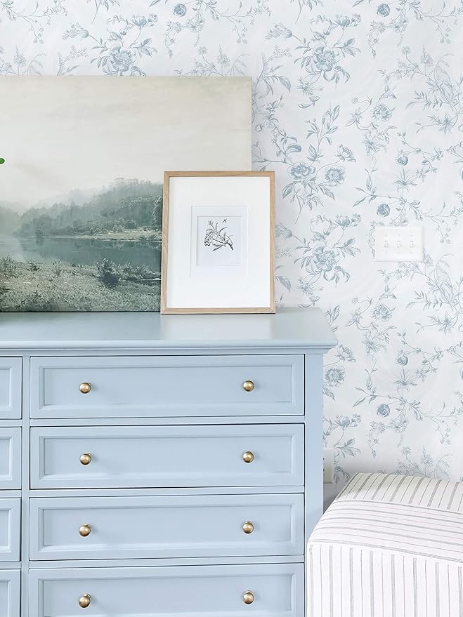 Ismoon Blue Wallpaper Peel and Stick Floral Vintage Stick on Wall Paper French - Image 2