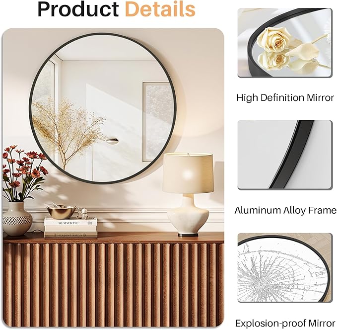 Bathroom Mirror for Wall, 24 Inch Round Mirror, Matte Black Metal Framed Circle - Image 4