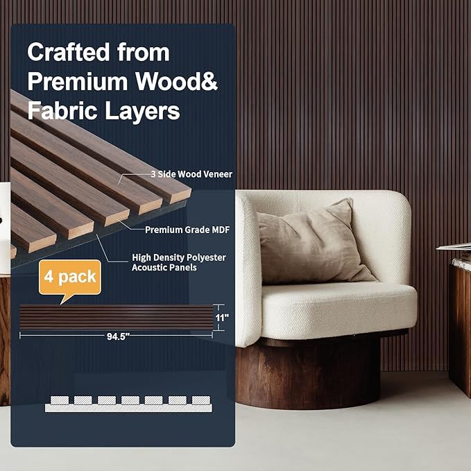 NeatiEase Wood Panels for Wall, 4-Piece 94.5" x 11" Soundproof Wood Slat Wall - Image 2