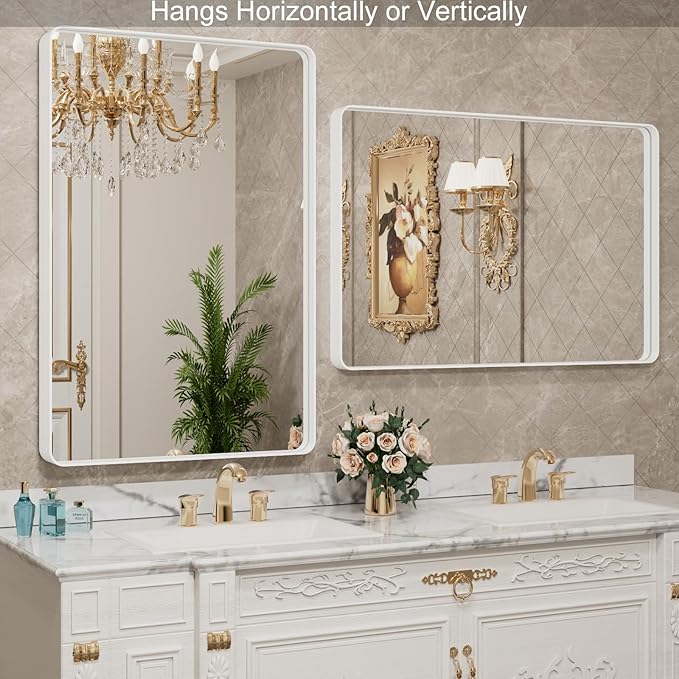 LOAAO 48x32 Inch White Metal Framed Bathroom Mirror - Image 3