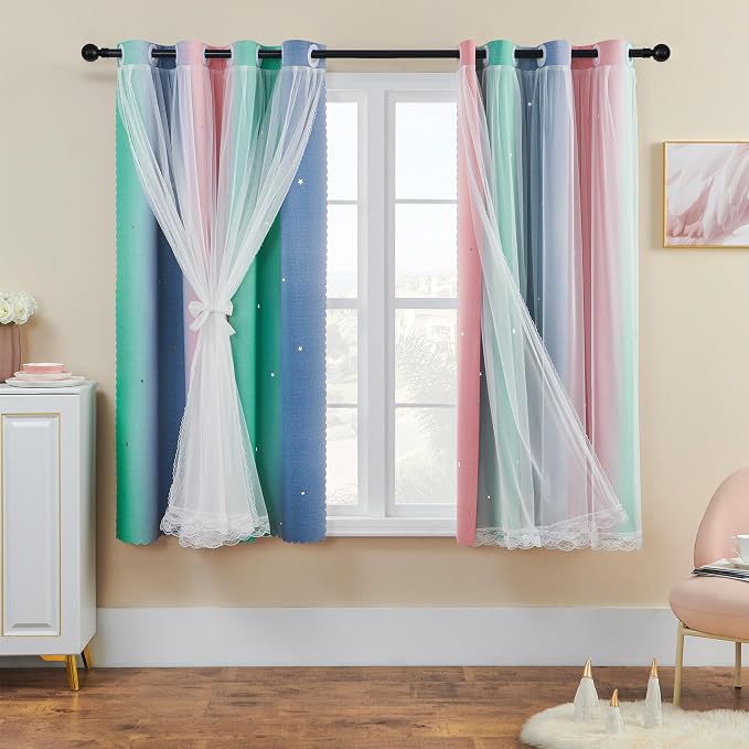 XiDi Curtains for Bedroom Decor, Rainbow Pinkgreen grey52/54 - Image 2