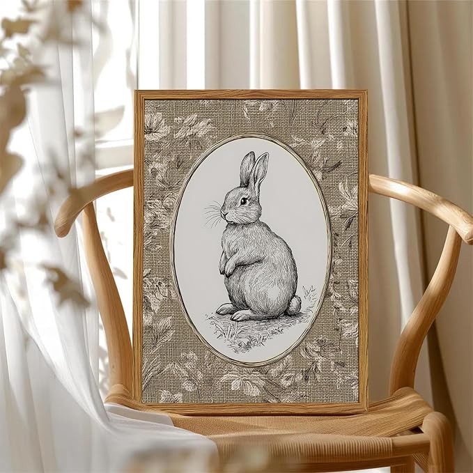 Framed Vintage Rabbit Wall Art, Cute Easter Bunny Pictures Wall Decor, Rustic - Image 2