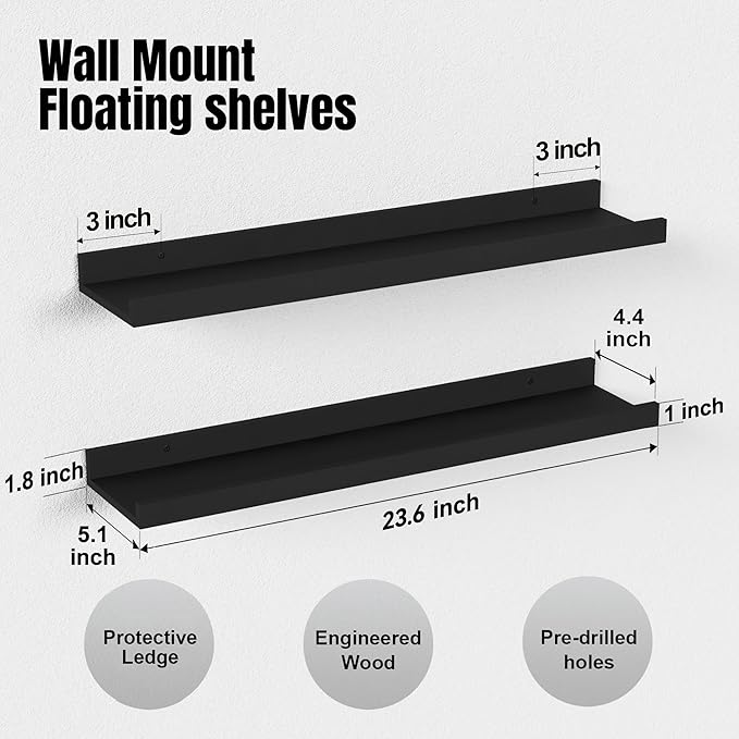 Boswillon Long Floating Shelves, 2 Set Modern Black Wall Shelf - Image 3