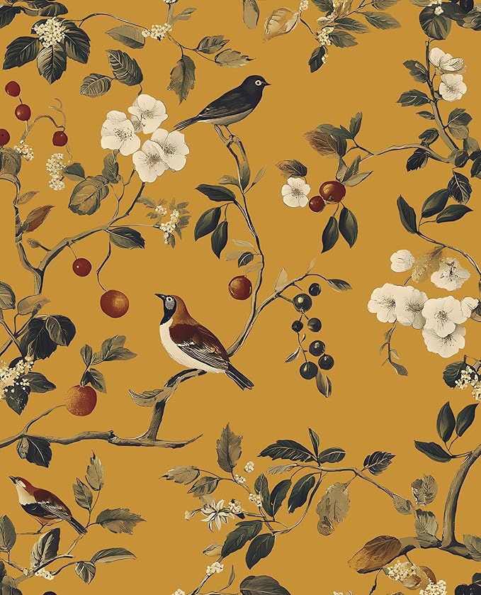 Laatse Vintage Bird Wallpaper 17.5"x118" Yellow Chinoiserie Floral Wallpaper by Laatse