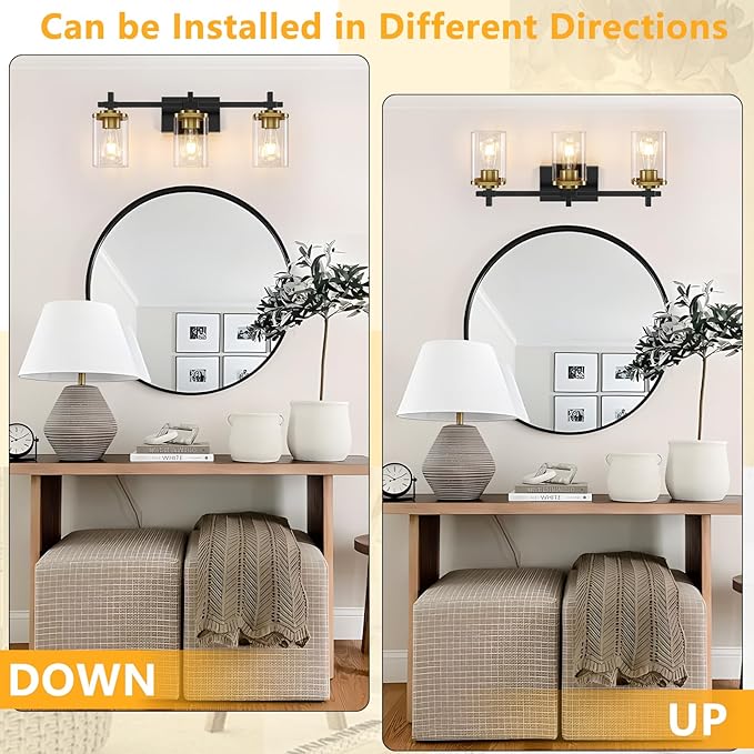 3-Lights Black and Gold Bathroom Light Fixtures Over Mirror, Modern Brushed - Image 3