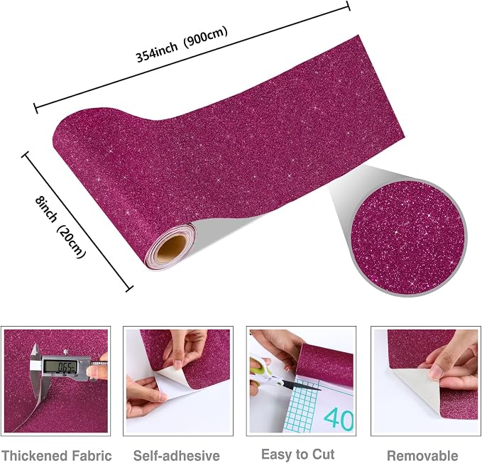 CRE8TIVE Deep Pink Glitter Wallpaper Border 8"x354" Shiny Glitter Wallpaper - Image 9